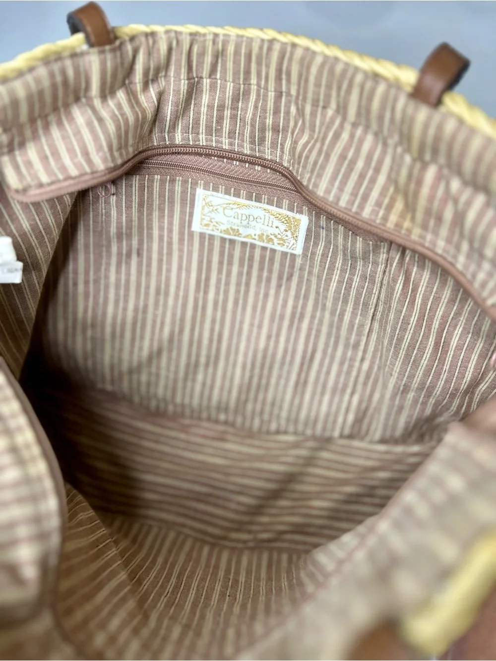 Capelli of New York Straw Tote with Striped Pink-Brown Interior